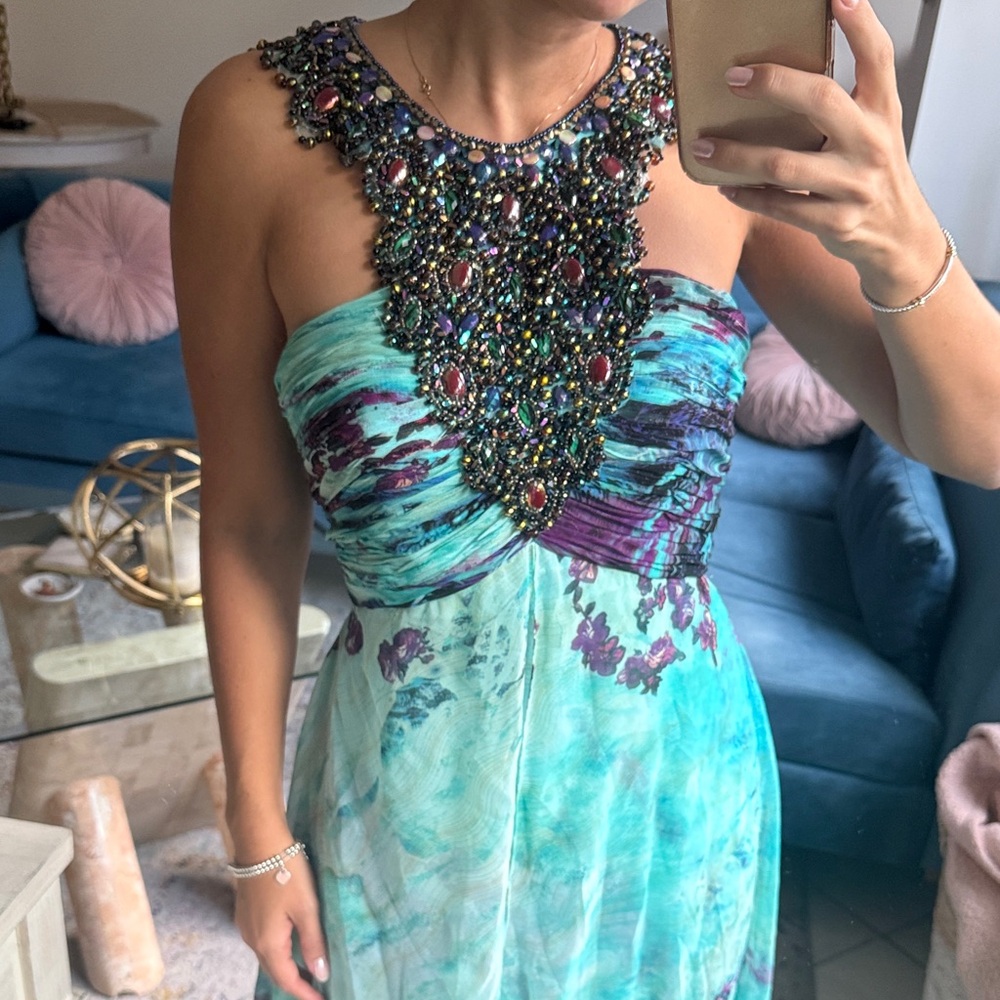Jovani Strapless Beaded Turquoise and Purple Dress